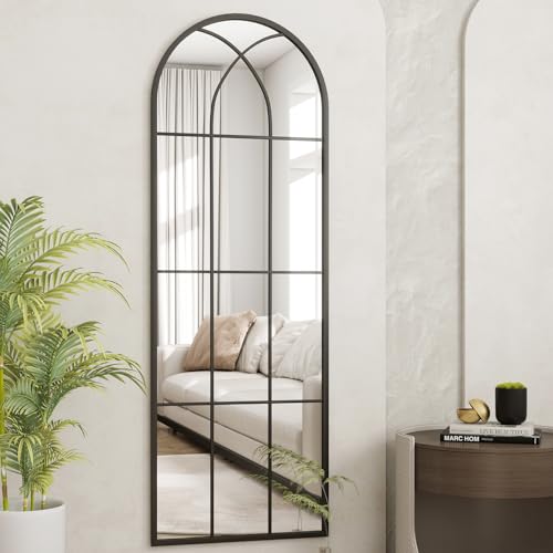 Image of Dewfig Arched Full Length Mirror, 65 inchx 22 inch Windowpane Floor Mirror, Black