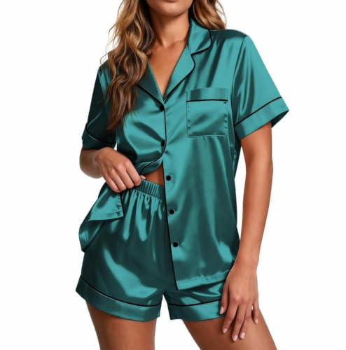 Image of Ekouaer Pajamas for Women Set Silk Satin Pjs Button Down Sleepwear Summer Loungewear Top and Shorts Lounge Set S-XXL