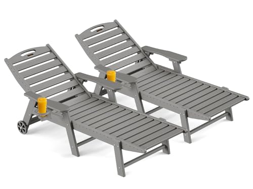 Outdoor Chaise Lounge Chair Set of 2, Patio Lounge Chairs for Outside, HDPE Lounge Chairs with Wheels & Cup Holder, Poly Lounge Chair with 5 Position for Poolside, Deck, Grey