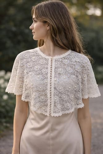 Image of Women White Lace Poncho with Pearl Work | Front Open Net Cape | Party & Shrug