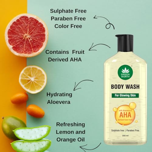 Image of GREENWORTH Body wash for glowing skin with AHA and Aloevera | Hydrating and Gentle Exfoliating Body Wash for Brighter, Softer and Smoother Skin| Sulphate & Paraben Free | 300 ml