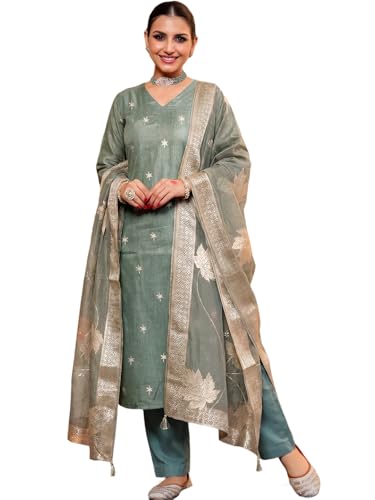 Image of Pinkmint Women Jacquard Silk Ethnic Kurta with Dupatta Suit for Women | Straight Fit Designer Wear with Woven Pattern & Tassel Dupatta | Availble in Plus Size