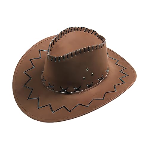 Sombrero de Vaquero, Sombreros de Vaquera Occidental, Sombrero de Vaquero de Cuero, Sombrero de Vaquero de Ala Ancha para Fiesta Halloween Carnaval Gorro Cordón Marrón