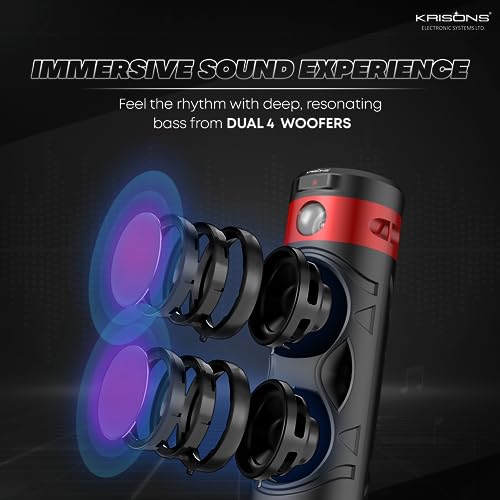 Image of Krisons Cylender 111 50W Portable Speaker with 4 inch X2 / Double Woofers, in Built Torch, Remote Control with Bluetooth, FM, USB, Micro SD Card and AUX Connectivity (Red)