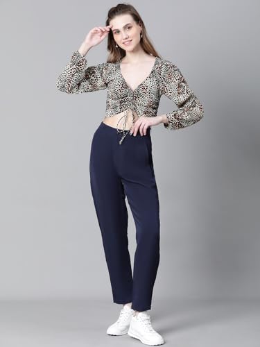Image of oxolloxo Women Floral Print Semi-Sheer Round Neck Tie-Knotted Elasticated Long Crop Sleeve Top