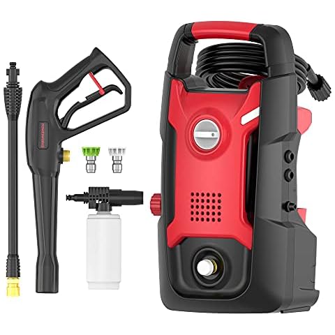 POWERWORKS Electric Pressure Washer,1700 PSI 1.2 GPM Power Washers,13-Amp Pressure Washers with 20ft High Pressure Hose and 3 Nozzles for Car Garden Cleaning (PWMA Certified) red Cover
