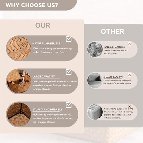 Nonam Storage Basket with Lid, Natural Seagrass Bin with Lid Set of 3, Shelf Baskets Multipurpose Container for Boho Decoration, Rectangular Household Storage Boxes for Home Organization-Natural - Image 4