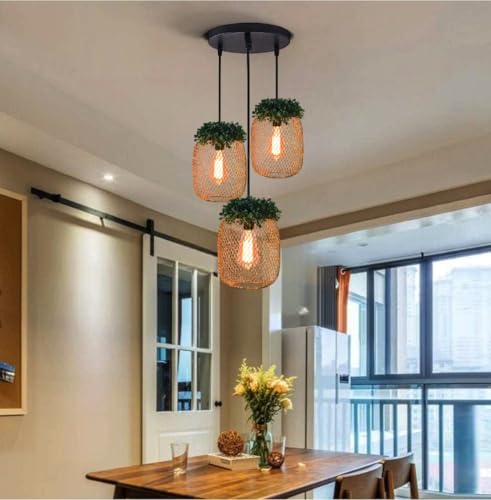 Image of Groeien 3-Light Industrial Gold Finish Metal Mesh Leaf Hanging Pendant Ceiling Lamp Fixture | Chandelier for Home, Indoor, Outdoor,Living Room, Bedroom(Bulb Included)