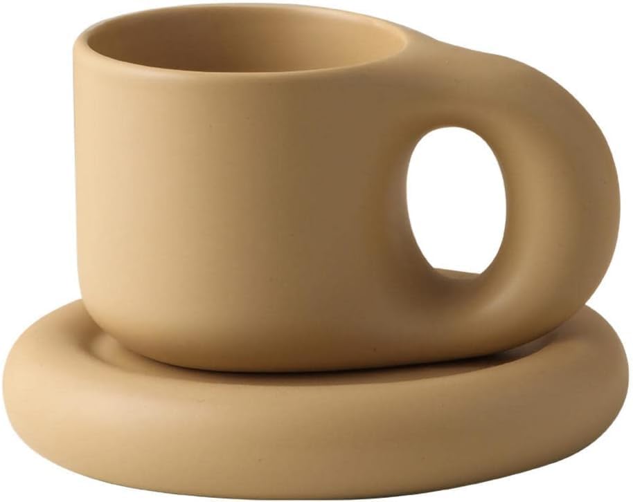 MedMad Ceramic Coffee Chubby Mug Saucer Set, Creative Cute Fat Handle Cup with Saucer for Office and Home, Dishwasher and Microwave Safe (Coconut Café)