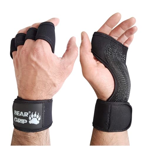 BEAR GRIP - Offene Trainingshandschuhe für Crossfit, Bodybuilding, Kallisthenik, Powerlifting (Schwarz, L)