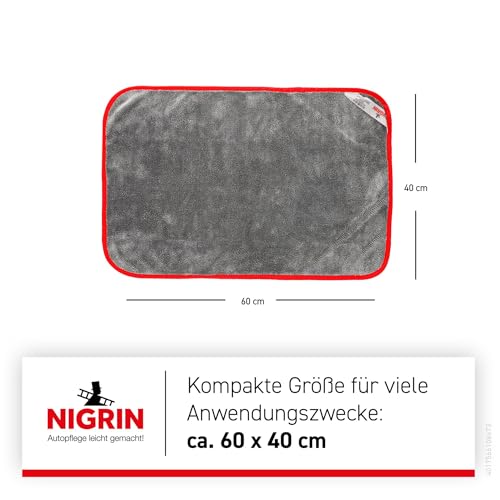 NIGRIN Mikrofaser-Trockentücher Duo Pack XL, extra saugstark, fusselfrei und weich zur schlierenfreien und schonenden Trocknung von Felgen, Lack, 60x40 cm, grau, 2 Stück
