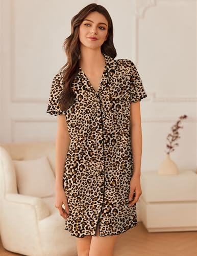 Image of Ekouaer Nightgowns for Women Button Down Sleep Shirt Short Sleeve NightShirts Boyfriend Sleepdress Soft Pajama Dress