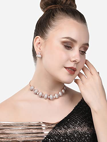 Image of Ami Rose Gold Dazzling cubic Zirconia Classy Contemporary Necklace & Earring Set For Women-ZPFK20107