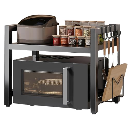Yeqqzq Extendable Microwave Oven Rack - Adjustable Kitchen counter shelf 2 Tier Microwave Stand with 6 Hooks for Kitchen Countertop Organizer