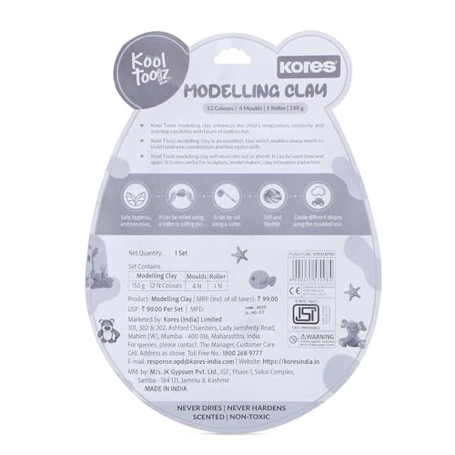Image of Kores Modelling Clay Set (150g) | 12 Colours + 4 Shape Moulds + 1 Roller | Soft & Flexible | Never Dries, Never Hardens | Scented, Non-Toxic | Kids Craft & DIY Art
