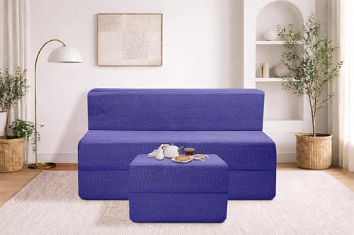 Image of Rosebell Foldable Sofa-Cum-Bed with Ottoman | 3-in-One Foldable Sofa, Lounger & Bed-4x6 Feet Two Seater- Perfect for Home & Office -Purple-Color