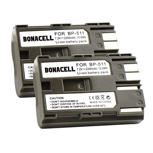 Bonacell - 2 batterie sostitutive per Canon BP-511, 2200 mAh, compatibili con Canon EOS 10D, 20D, 20Da, 30D, 40D, 50D, 5D, D30, D60/PowerShot G1, G2, G3, G5, G6/EOS Digital Rebel/Optura Xi (S)