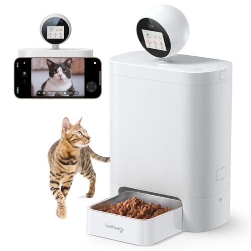 FEELNEEDY 5.5L Distributore Automatico Cibo Gatti con 360°Telecamera 3MP HD, WiFi 2.4G/5G AI Dispenser Crocchette Gatto/Cani con Visione Notturna e Audio Bidirezionale, Schermo IPS & Controllo APP