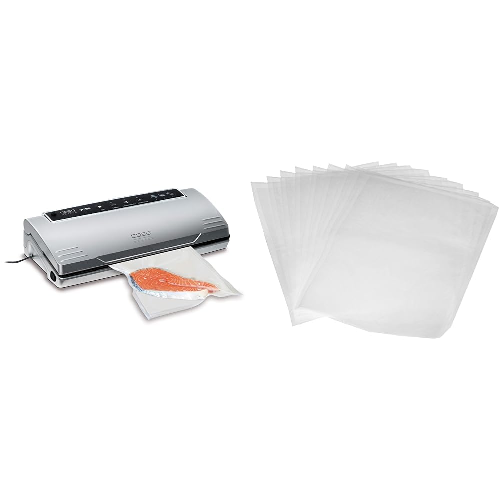 CASO VC100 Vakuumierer - Vakuumiergerät, Lebensmittel bleiben bis zu 8x länger frisch & Amazon Basics Vakuumierbeutel 22cm x 30 cm, 50 Stück
