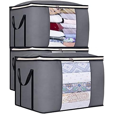 SLEEPING LAMB 100L Large Comforter Storage Bag for Closet Clothes Storage Containers for Duvets Blankets Bedding Sheets Pillows, with Reinforced Handles, 3 Pack, Grey Cover