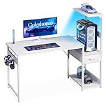 Coleshome 120×48 cm Gaming Desk with LED Lights, Reversible Computer Desk with Drawers & Display Shelves, Gaming Table with Headphone Hook, Carbon Fiber White