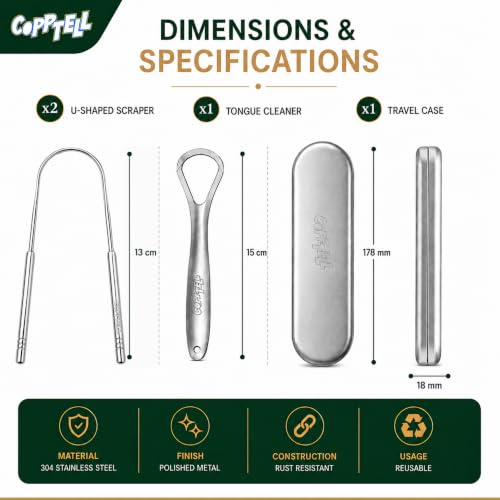 Image of Stainless Steel Tongue Cleaner (3 pieces, 2 U-shaped and 1 single handle) with Travel Case | Rustproof Tongue Scraper for Fresh Breath, Bad Breath Removal & Daily Oral Care for Men & Women
