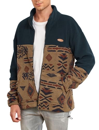Image of ZAFUL Aztec Print Fleece Jacket - Unisex Full Zip Hoodie with Stand Collar, Pockets & Fluffy Texture