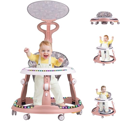 Image of Baby Walker, Baby Walker with Wheels and Double LED Lights, Multifunction Foldable Baby Walker, 3-Position Height & 5-Position Seat Adjustment, Walkers for Babies Includes Sunshade and Push Handle