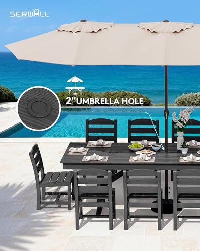 Image of SERWALL Outdoor 84 inch HDPE Dining Table with Umbrella Hole for 6-8, Black | 9-piece HDPE 84 inch dining table, Ideal for Outdoor Gathering