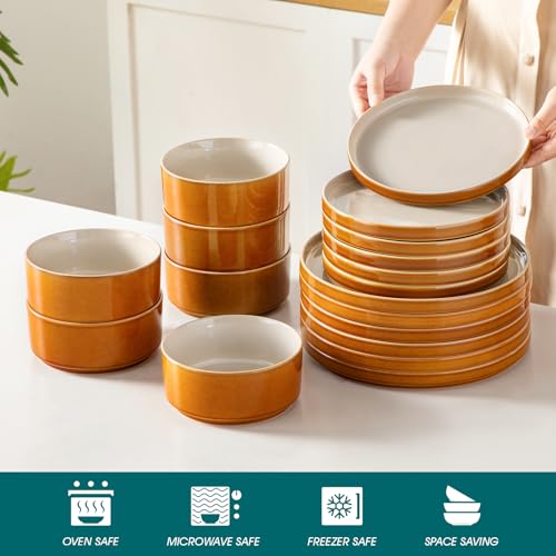 Image of vancasso ONION Ceramic Plates and Bowls Sets, 18 Pieces Grey Dinnerware Sets for Kitchen, Reactive Glaze Dishes Set for 6, Dishwasher and Microwave Safe