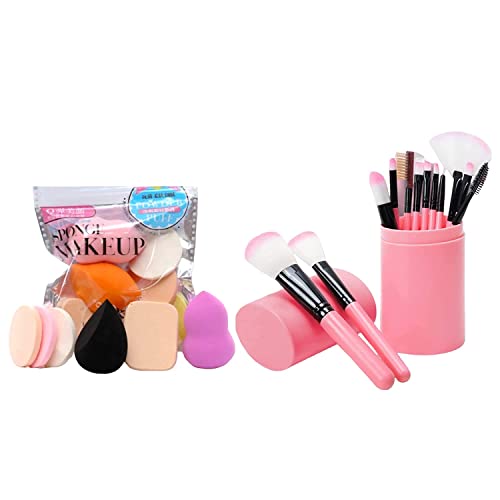Professional 12 Piece Face & Eye Makeup Brush Set With Storage Barrel – Pink 12 Brushes With 6 In 1 Makeup Sponge Puff Pack – Soft (Pack Of 18)
