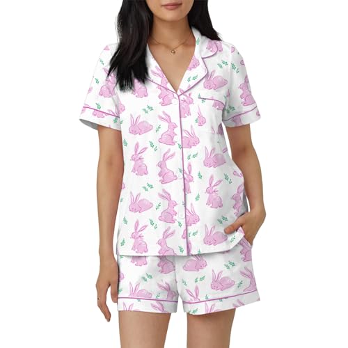 Image of Women Easter Pajamas Set Cute Bunny Button Down Shirt and Shorts 2 Piece Pj Set Y2K Easter Outfits
