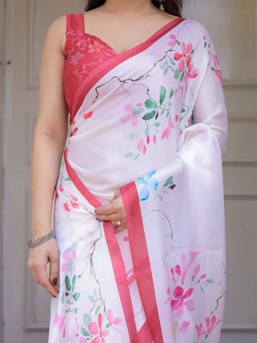 Image of ALMAARI FASHION Women's Floral Printed Georgette Satin Saree with Unstitched Blouse Piece | Traditional Ethnic Wear Sarees | Soft Lightweight Ethnic Office Wear Daily Wear Indian Sari (SG 181-190 F)