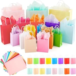 208 Pcs 16 Colors Gift Bags with Handle Set Including 48 Gift Bags Assorted Sizes Bulk (Small 6″, Medium 9″, Large 13″) and 160 Tissue Paper for Birthday Baby Showers Bridal Showers Christmas