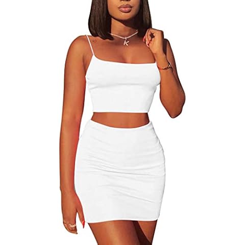 Kaximil Women's Summer 2 Piece Outfits Cami Crop Top Bodycon Skirt Mini Club Dress, Small, White Cover