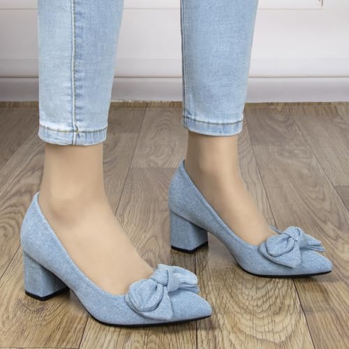Women's Comfortable Low Block Denim Pumps with Bow 2.3 Inch Closed Pointed Toe Slip On Heels Ladies Casual Party Office Daily Dressy Cute Pump Shoes2