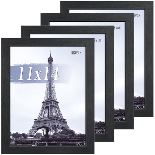 VCK 11x14 Picture Frame Set of 4 - Black, Gallery-Quality Wood Poster Frames, 1.1-Inch Wide Border, Polished Plexiglass, Vertical or Horizontal Wall & Tabletop Display for Photo/Art/Prints, Black