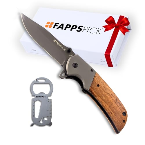 Cuchillo Plegable con Llavero Multiusos 15 en 1 | Regalo Ideal para el Día del Padre | Navaja de Bolsillo Hoja 9,5cm de Acero Inoxidable y Recubrimiento de Titanio | Navajas EDC Mango 12,5cm de Madera