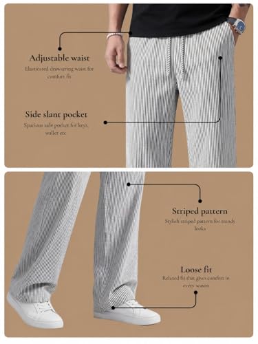 Image of Men's Casual Striped Trouser | Relaxed Fit Drawstring Pants for Men | Elastic Waist Straight Fit Lounge Trousers | Lightweight Summer Cotton Bottoms | Comfortable Daily, Beach, Travel Pants