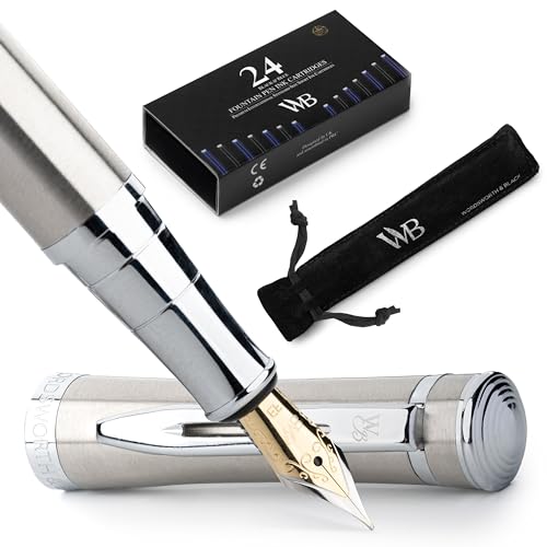 Image of Wordsworth & Black Fountain Pen Set for Writing, Extra Fine Nib, Silver | Gift for Men & Women, Brass Body, 18K German Iridium, Calligraphy, Converter + 24 Ink Cartridges, Refillable, Leak-Free