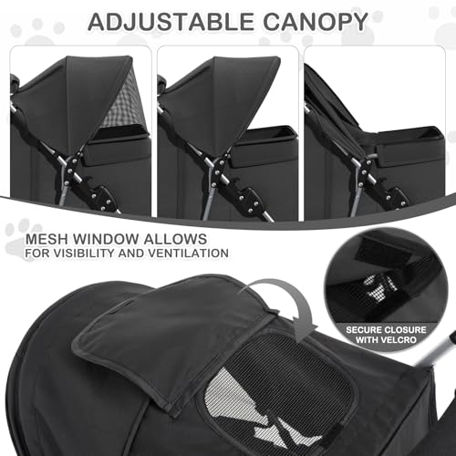 MoNiBloom Foldable Pet Stroller with Weather Cover, 3 Wheels Pet Strolling Cart for Small/Medium Dogs and Cats with Storage Basket and Cup Holder, Breathable and Visible Mesh for All-Season, Black - Image 5