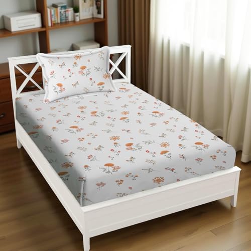 Image of 240 TC Soft Ezyption Floral Single Bed Sheet Cotton - Single bedsheet with 1 Pillow Cover Hypoallergenic, Brethable, (Size- 60 x 90 Inch | White Rust