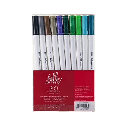 Image of Hello, Artist! Dual Brush Marker Set, 20 Pieces, Brush and Felt Tips, Bright and Vivid Colors