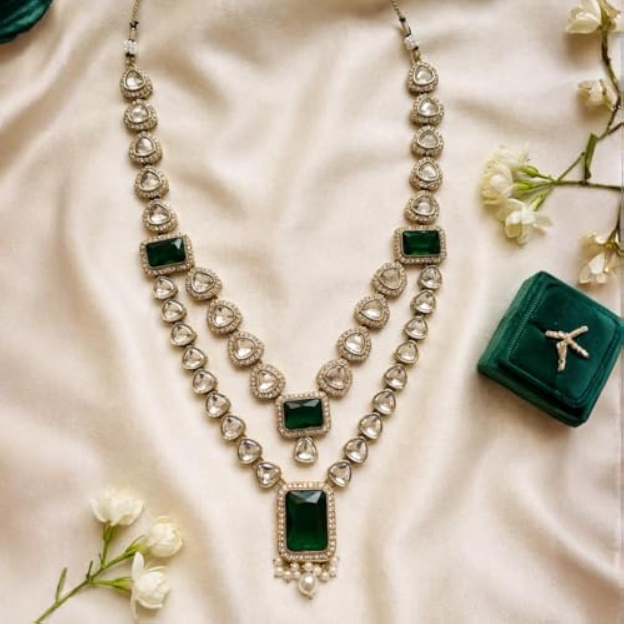 2 Layered Traditional Kundan Studded Green Stone Mala Necklace