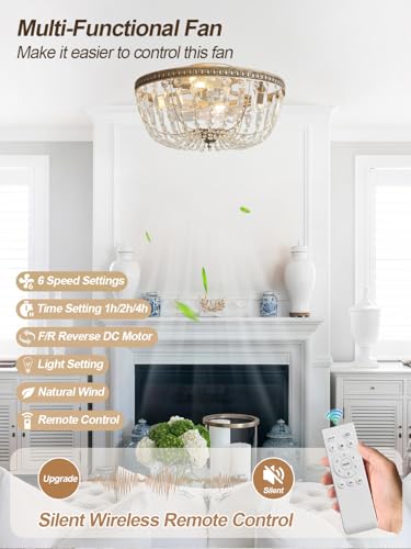 Image of 20 inch Flush Mount Fandelier Ceiling Fan with Light, Crystal Gold Fandelier Ceiling Fan with Light Remote Control, Vintage French Country Caged with 6 Speeds for Bedroom, Living Room, Foyer, Nursery