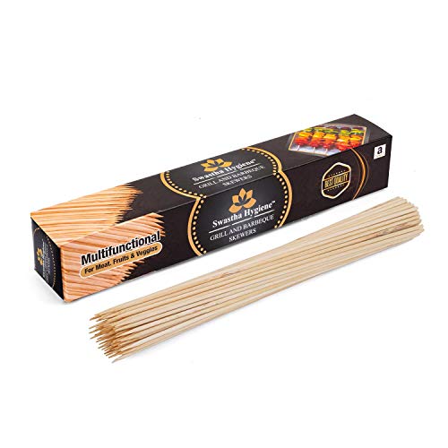 Swastha Hygiene Bamboo Wooden Barbecue Skewers Sticks for Oven, Microwave and Pan, BBQ Skewer, Kabab Sticks || 10 inches 3mm Pack of 80-100