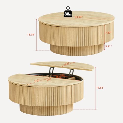 Image of 33 inch Round Coffee Table with Lift-Top & Flip-Top Storage, Modern Accent Fluted Coffee Tables with Metal Frame, Wooden Circle Center Table for Living Room Small Space Apartment Office (Natural)