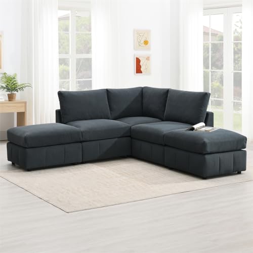 93\" Sectional Sofa with Vertical Stripes, Modern 5-Seat Armless Couch Set with Convertible Ottomans, Soft L-Shape Sofa Couch Various Combinations for Living Room Apartment, Indoor Furniture (Grey)