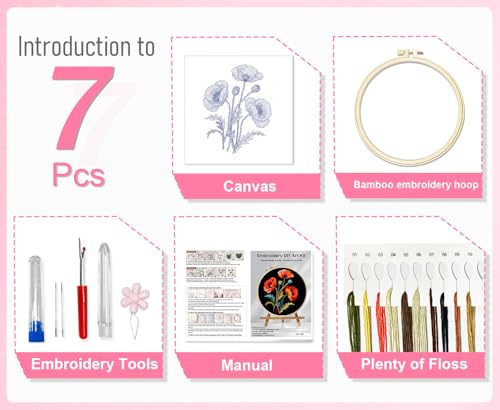 Image of Huacan Embroidery Kit for Beginners, Flower Pre-Stamped Pattern Kits for Adults with Hoop, Easy to Follow Color Thread Needlework