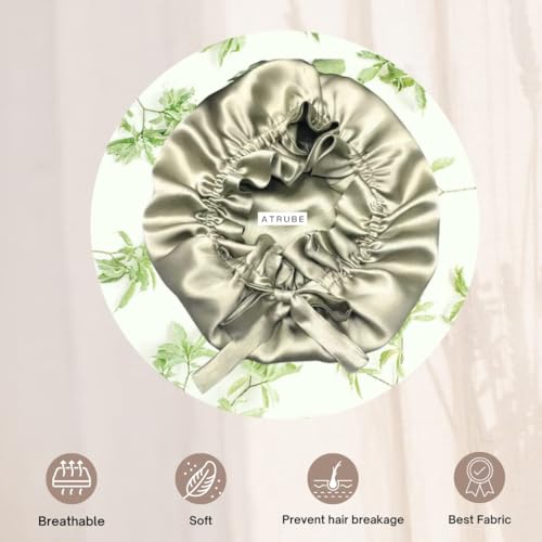 Image of Atrube's Silk Satin Hair Bonnet Reversible with Adjustable Tie Band Wrap Satin Wrap with Hair Scalp Massager Shampoo Brush and 3 Scrunchies (Green)